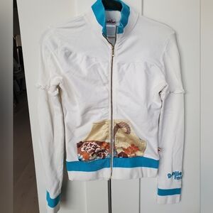 Gentle Fawn-White and Blue Zip up swacket with Unique Floral Design Pockets Sz M